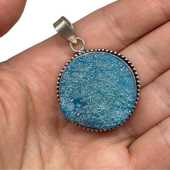Blue Titanium Druzy Necklace Pendant 925 Sterling Silver Overlay - Picture 2 of 5